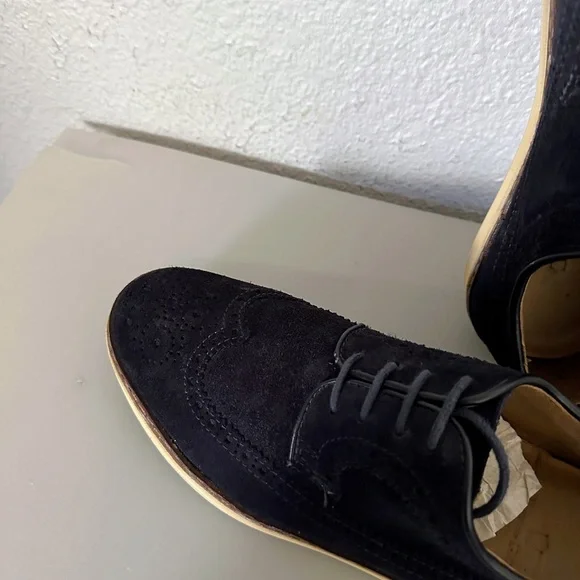 Men's MASSIMO DUTTI Suede Wingtip Oxford Shoes Lace-Up Perforated Loafer‎ Navy